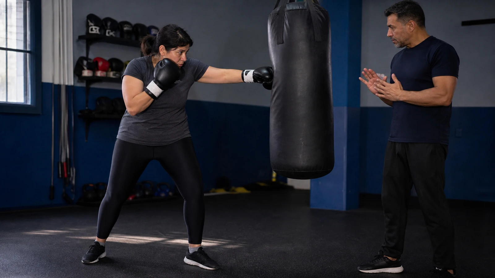 Mujer practica boxeo recreativo en una bolsa mientras un profesor observa su técnica