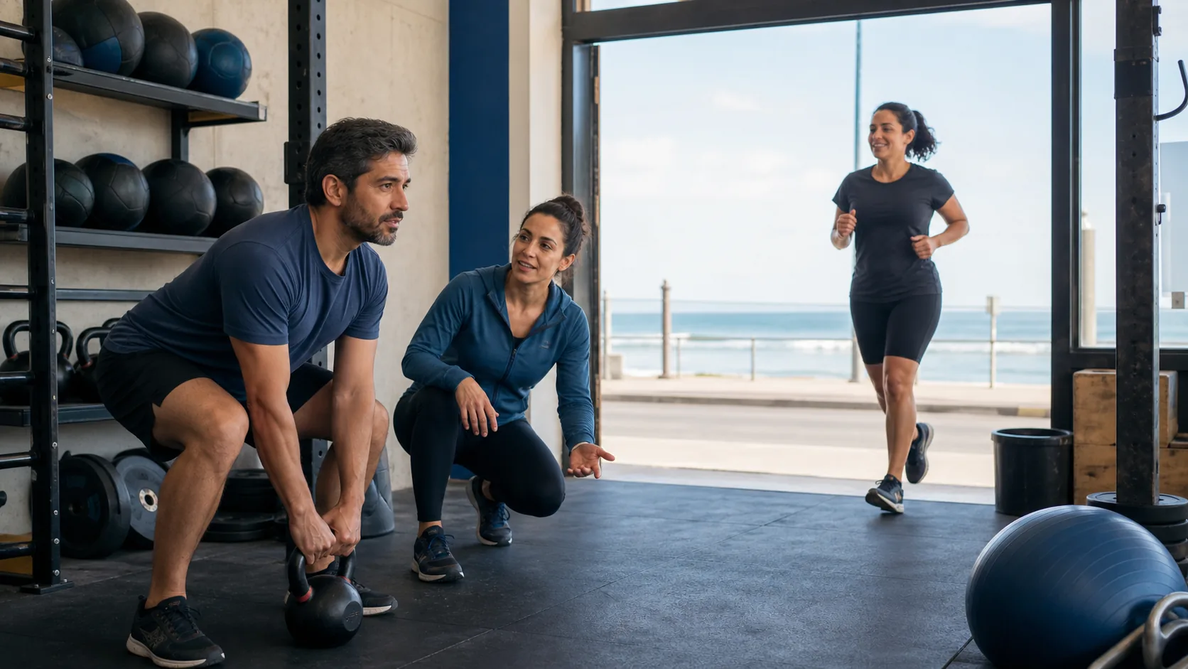 Una persona entrena fuerza con pesa rusa mientras otra vuelve de correr junto al mar