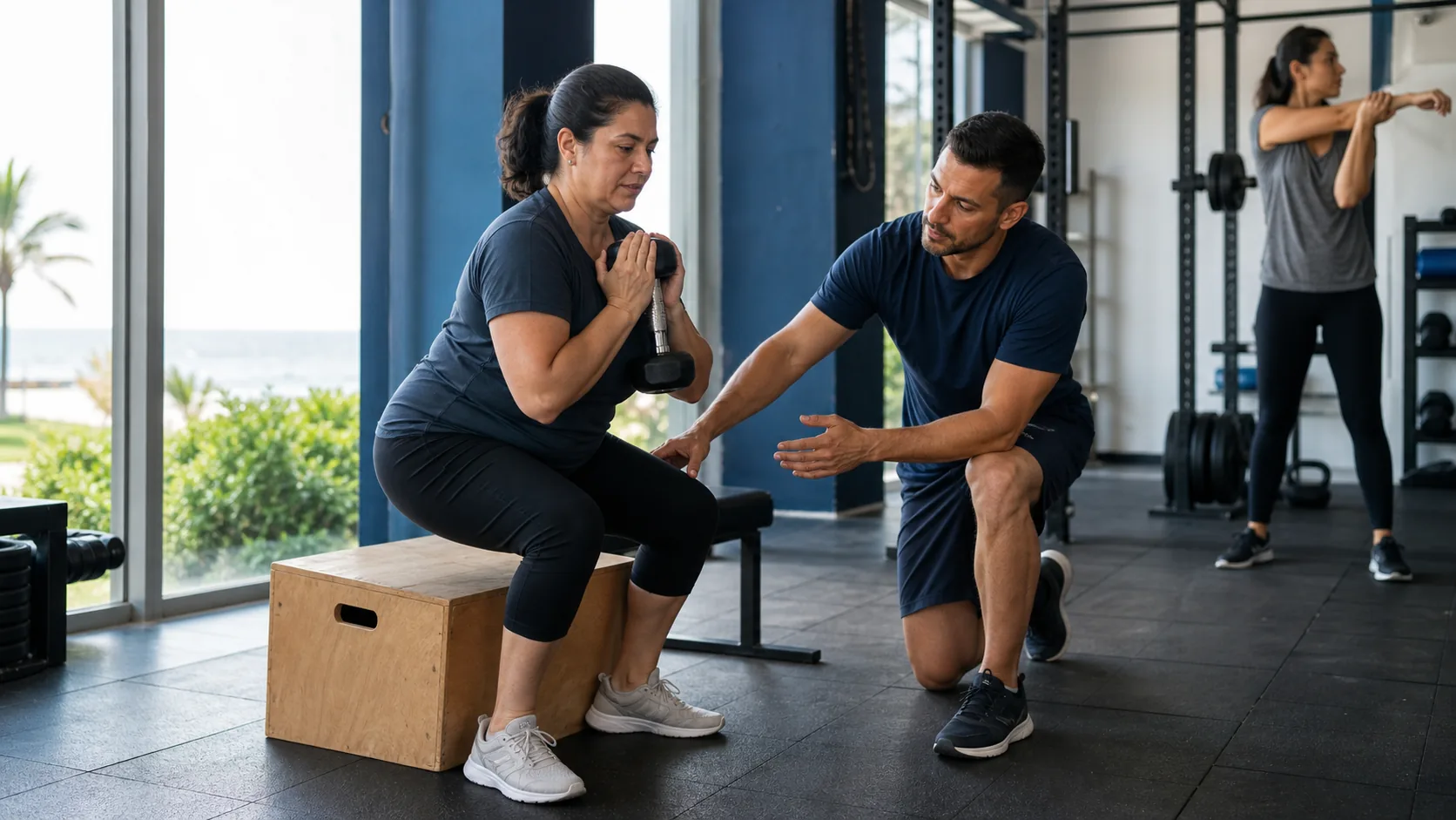 Mujer retomando el entrenamiento con una sentadilla asistida por un profesor